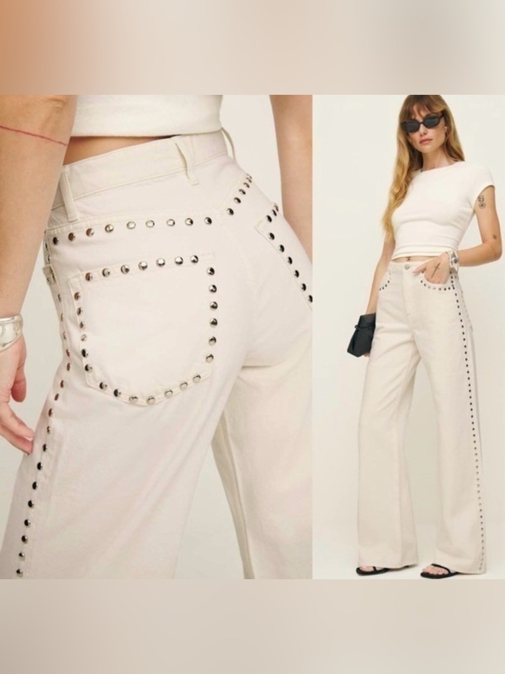 Reformation Cream Wide-Leg Jeans with Silver Studs